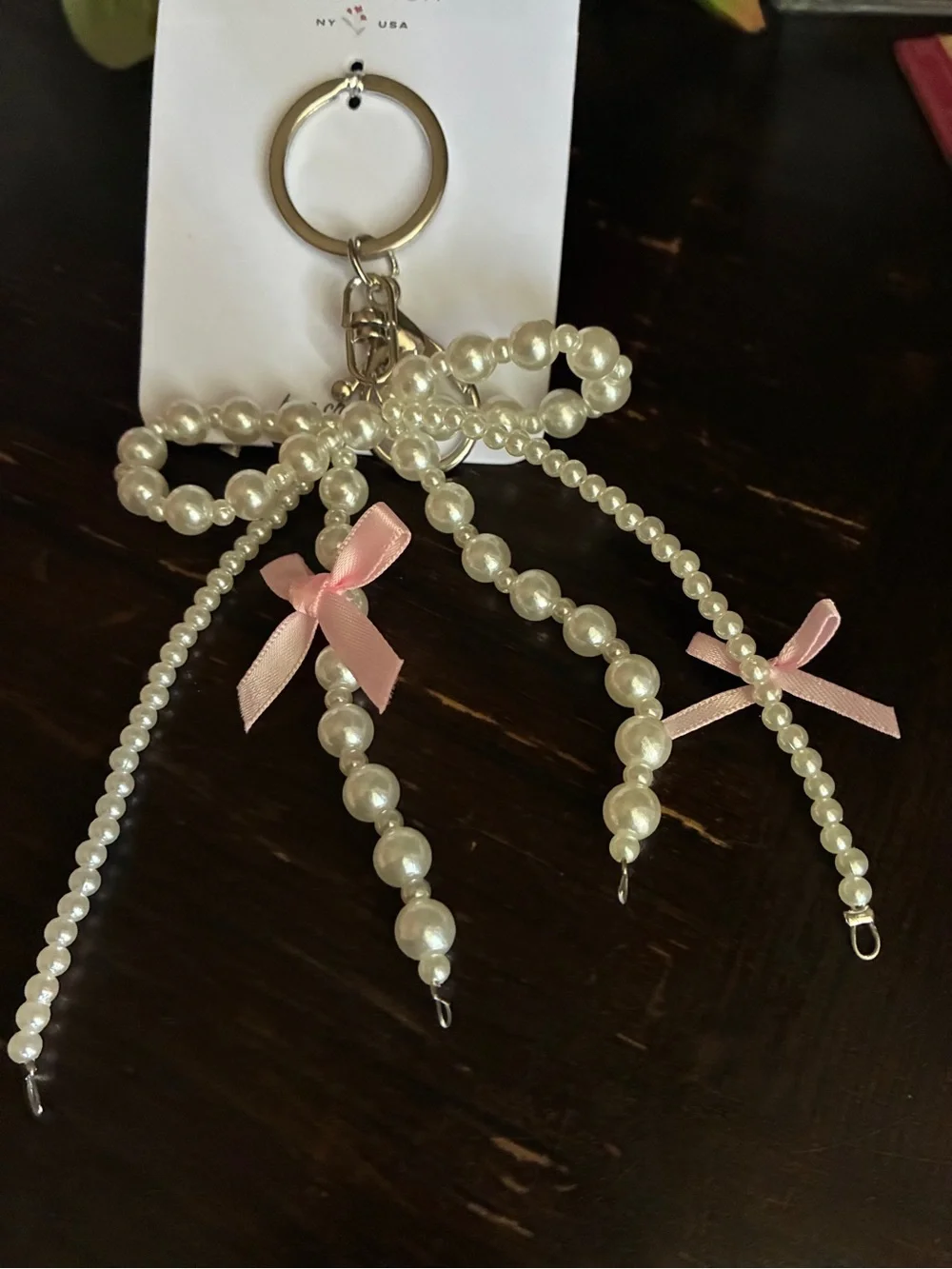 Pearl Bow Keyring with Pink Ribbon Detail,Bag Charm. - Picture 6 of 7